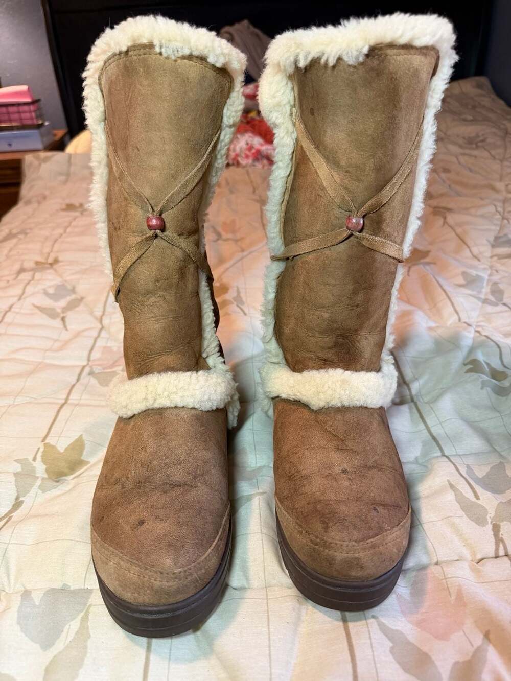 UGG Australia Nightfall Tall Brown Leather Boots with Beaded Straps